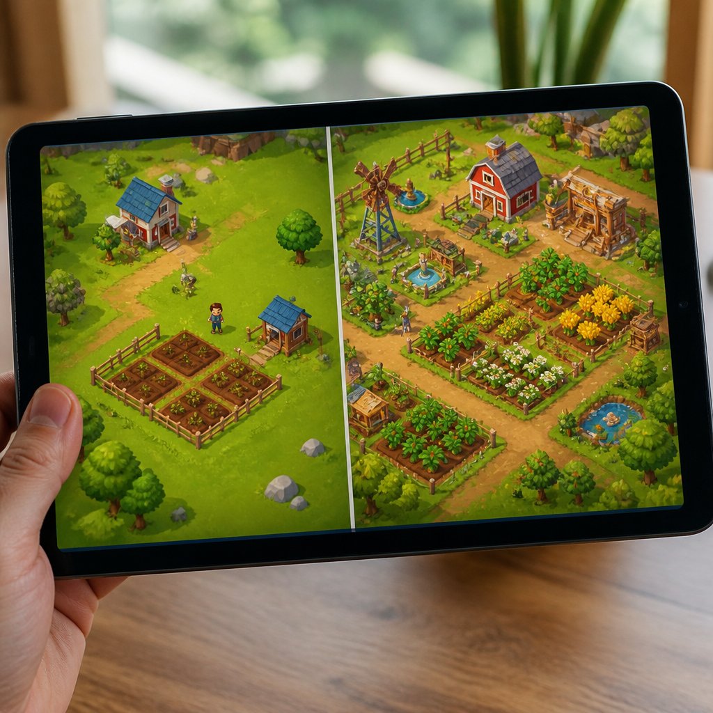 side-by-side comparison of a beginner FarmVille 3 farm at le