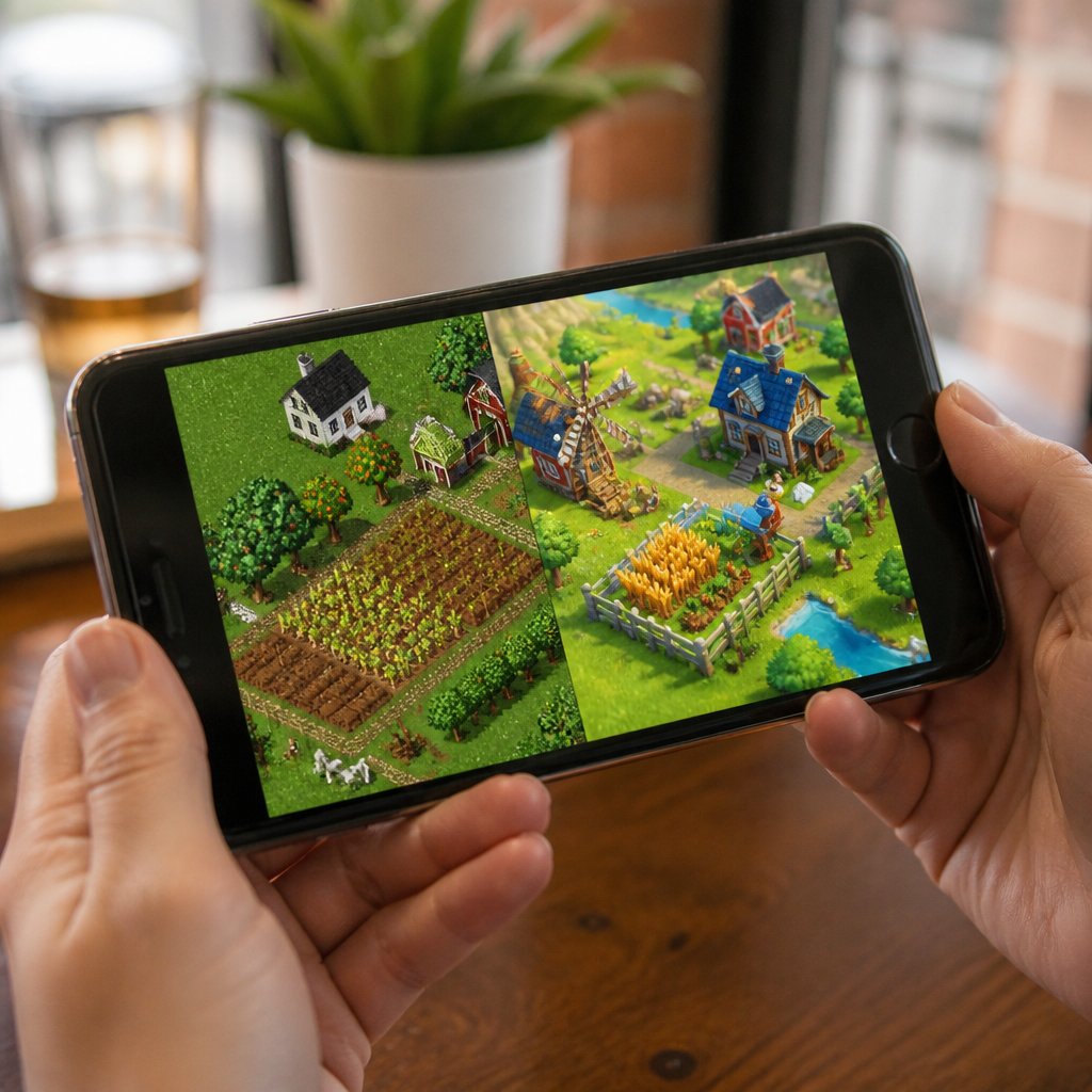 side-by-side screenshot comparison of original FarmVille 2D