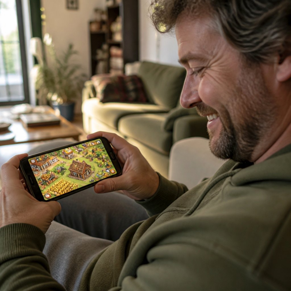 original FarmVille veteran player smiling at phone screen sh