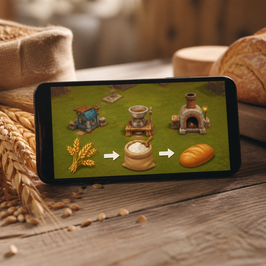 FarmVille 3 workshop production chain showing wheat being pr