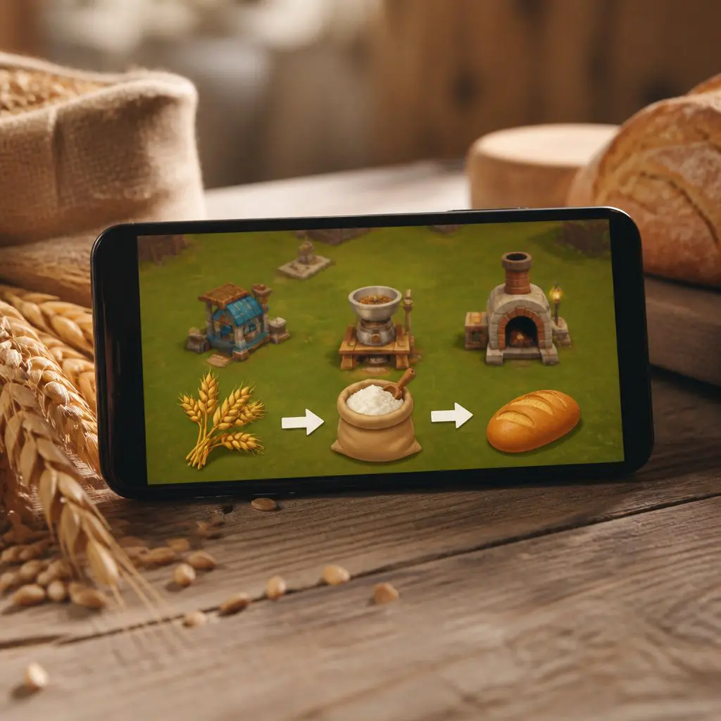 FarmVille 3 workshop production chain showing wheat being pr