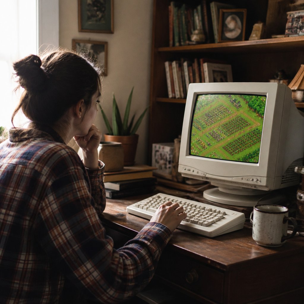 Person sitting at a vintage desktop computer in a warm living room, nostalgically looking at a FarmVille screenshot on screen Person sitting at a vintage desktop computer in a warm living room, nostalgically looking at a FarmVille screenshot on screen