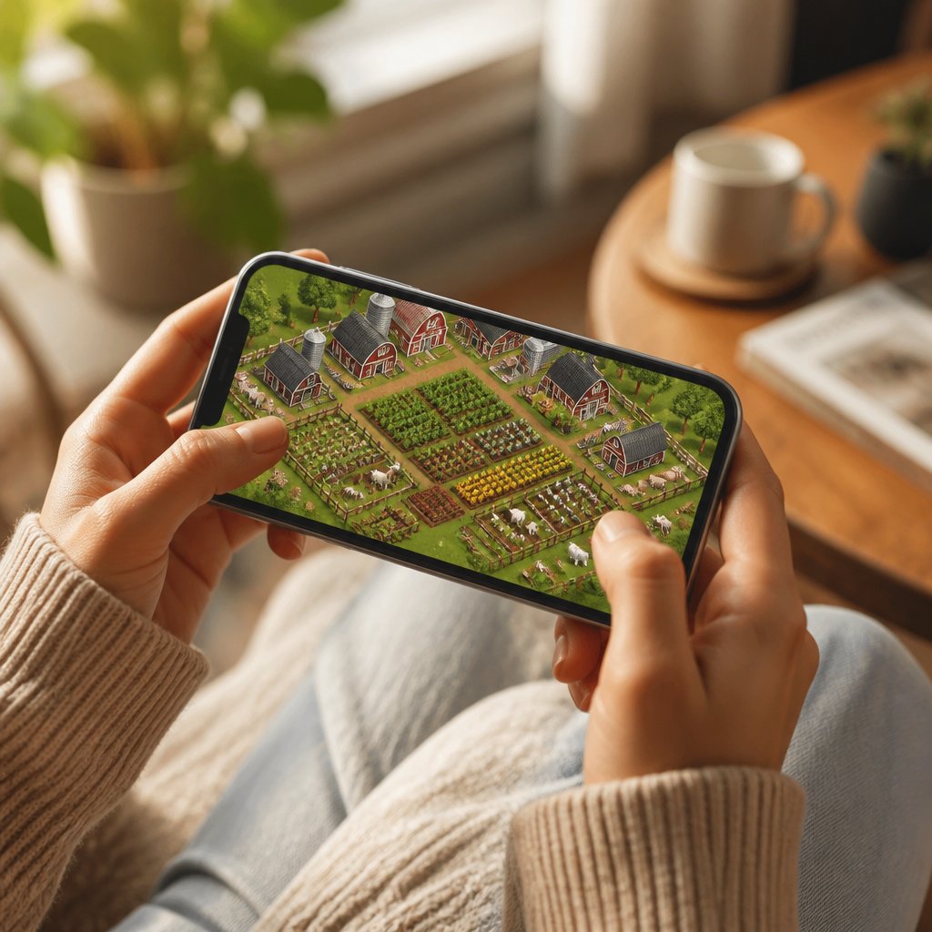 nostalgic overhead view of a classic FarmVille Facebook farm