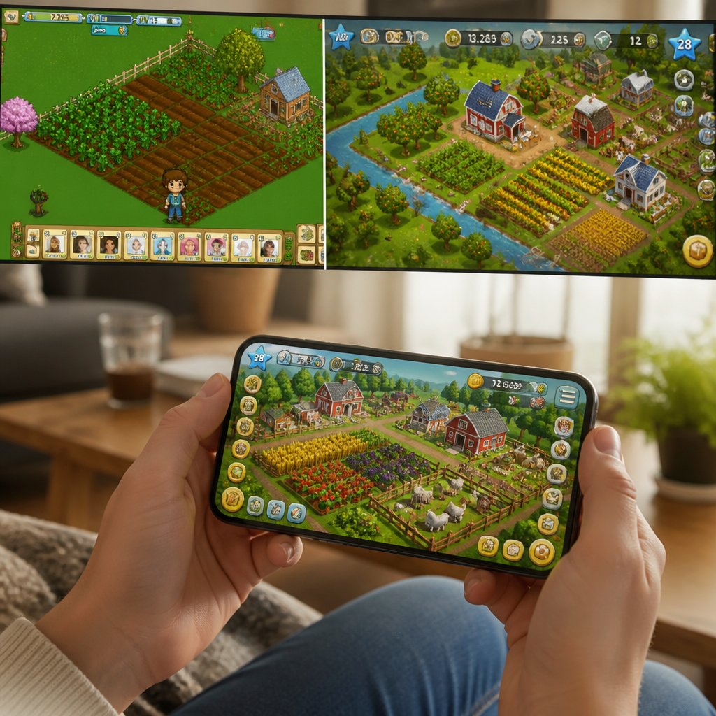 split screen showing 2009 FarmVille Facebook interface besid