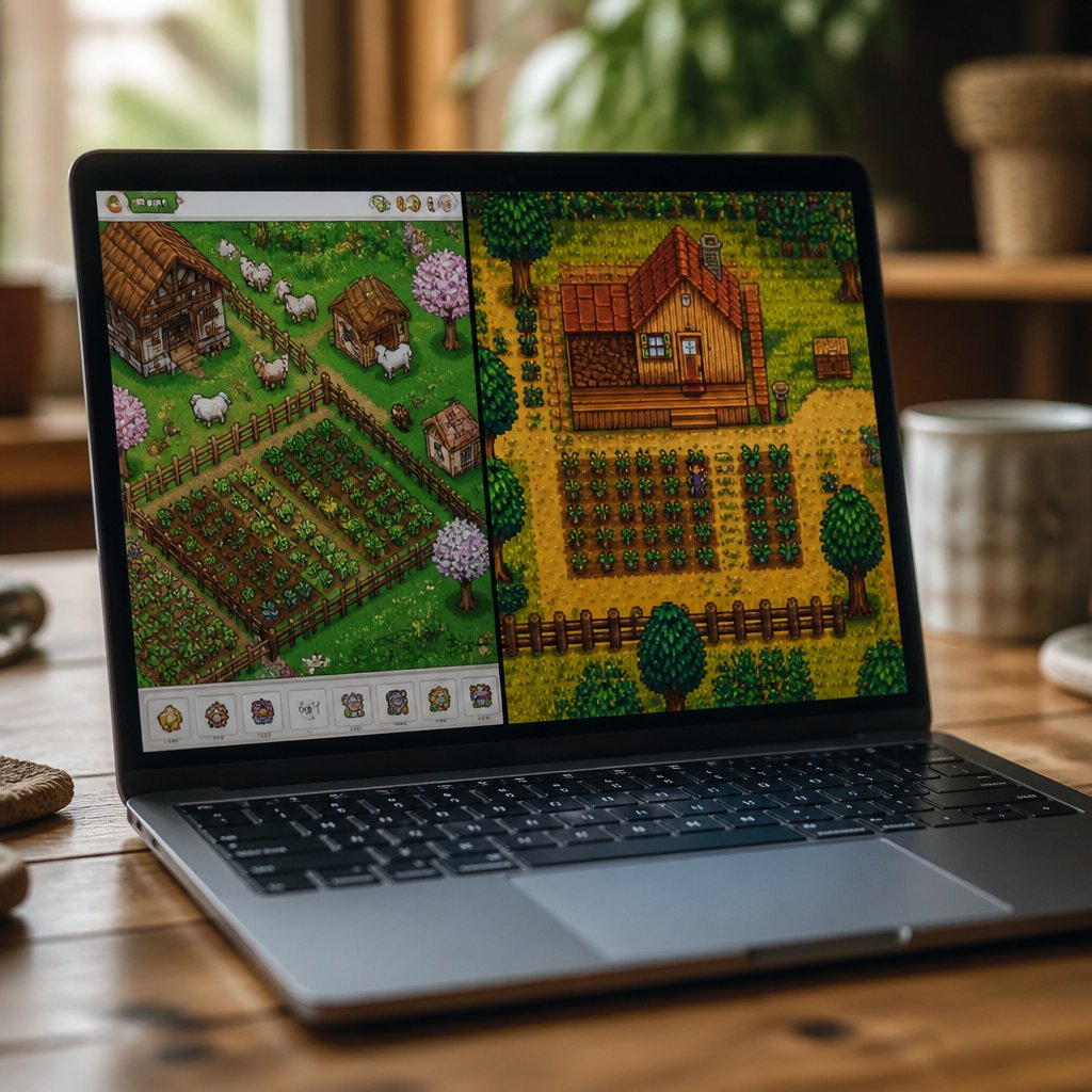 vintage FarmVille Facebook farm screenshot beside a modern S