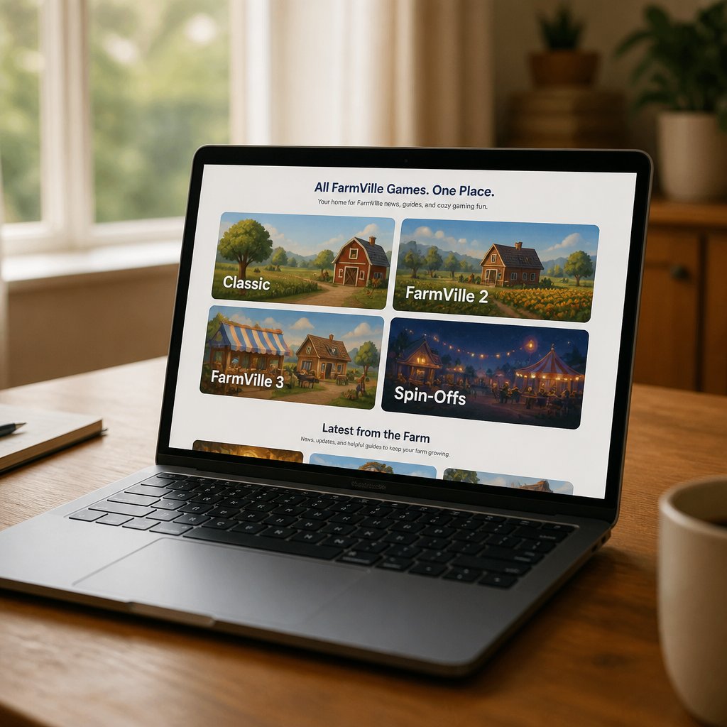 FarmVilleFreak website homepage displayed on a laptop screen