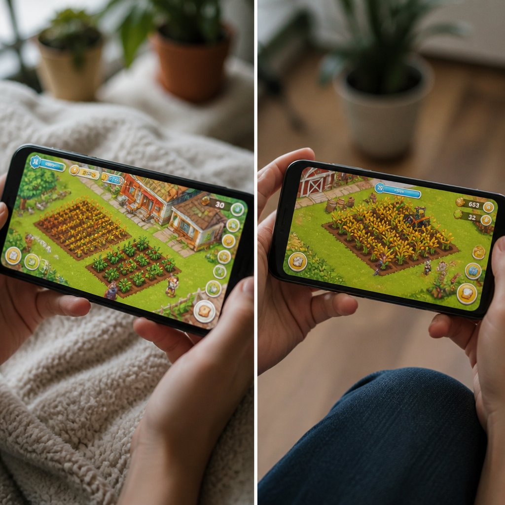 split screen of FarmVille 3 mobile interface and Hay Day far