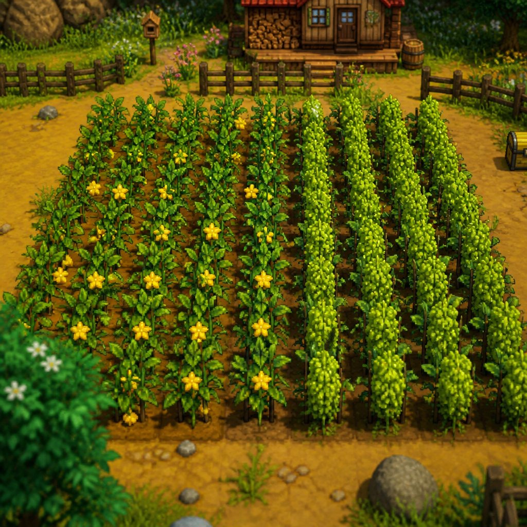 Stardew Valley farm in summer with rows of Starfruit and Hop