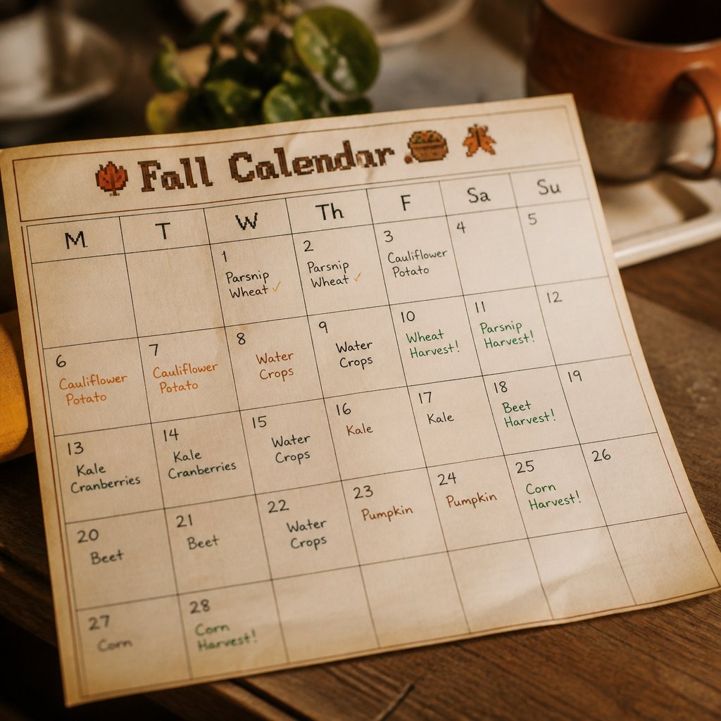 Stardew Valley calendar showing fall Day 1 through Day 28 wi