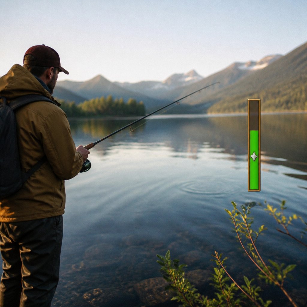 player character casting fishing line into the mountain lake