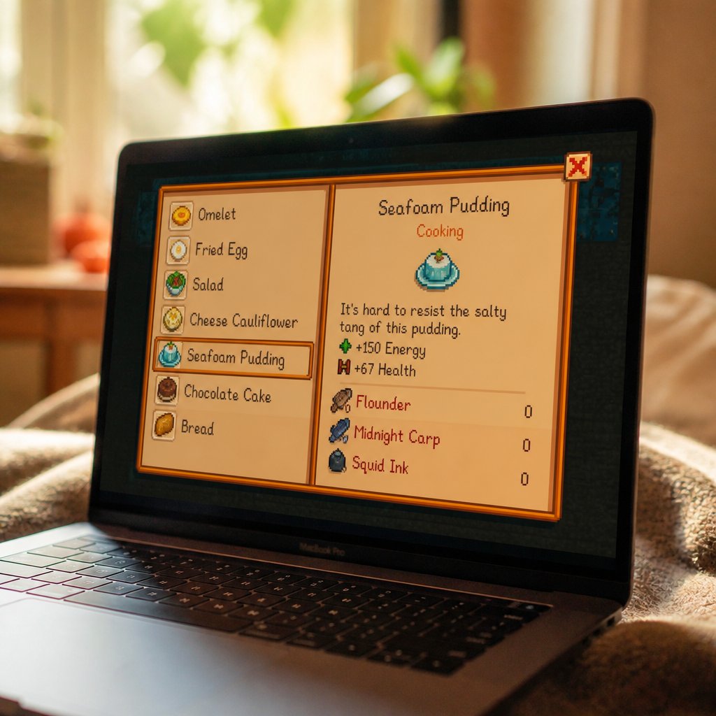 Stardew Valley cooking menu showing Seafoam Pudding recipe w