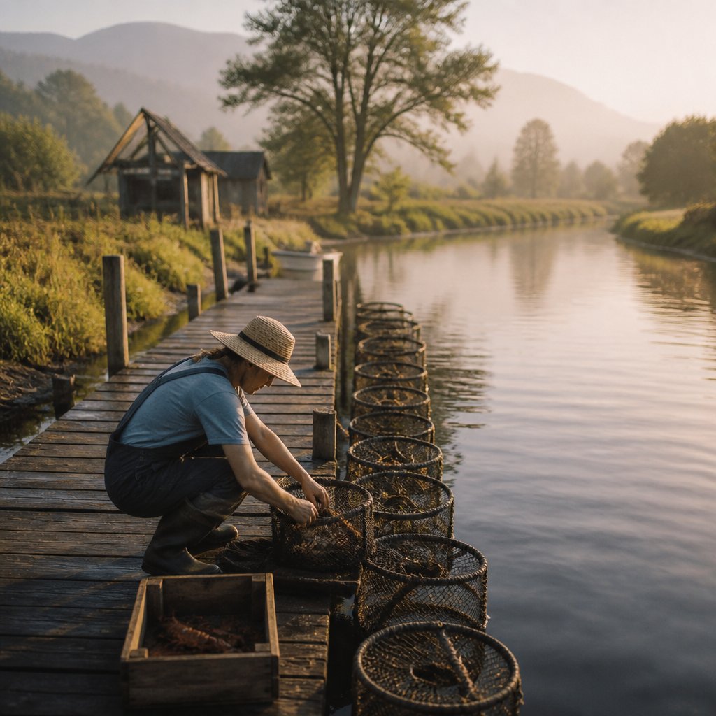 Stardew Valley farm dock lined with 12 crab pots in river at