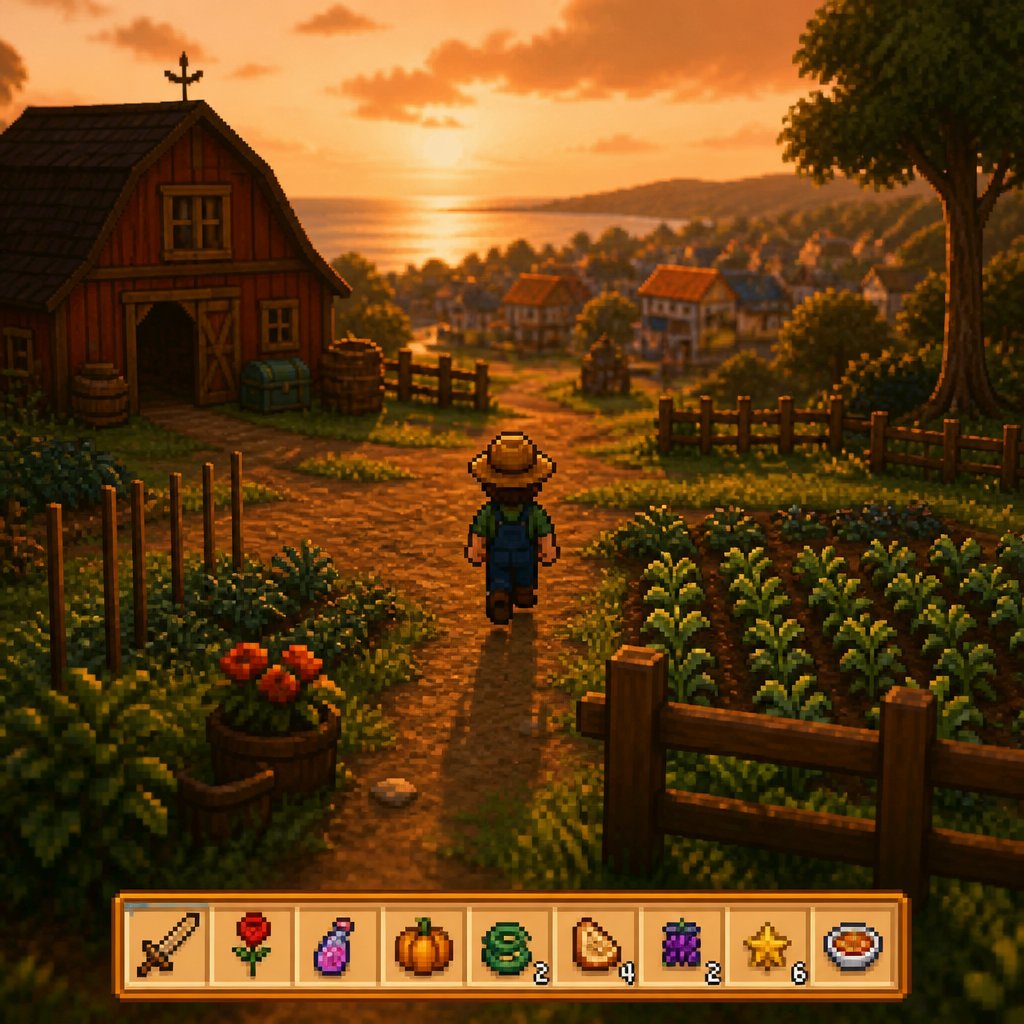 Stardew Valley farm overview at dusk showing the farmer walk