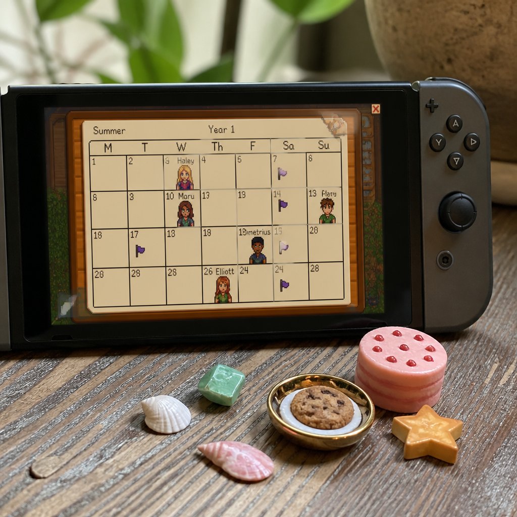 Stardew Valley calendar screen showing multiple villager bir