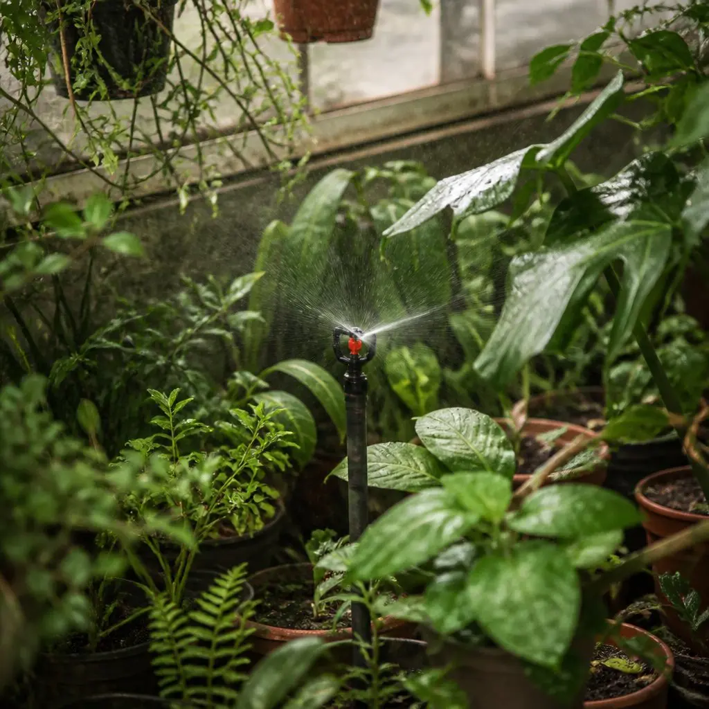 greenhouse corner showing ancient fruit plants packed tightl