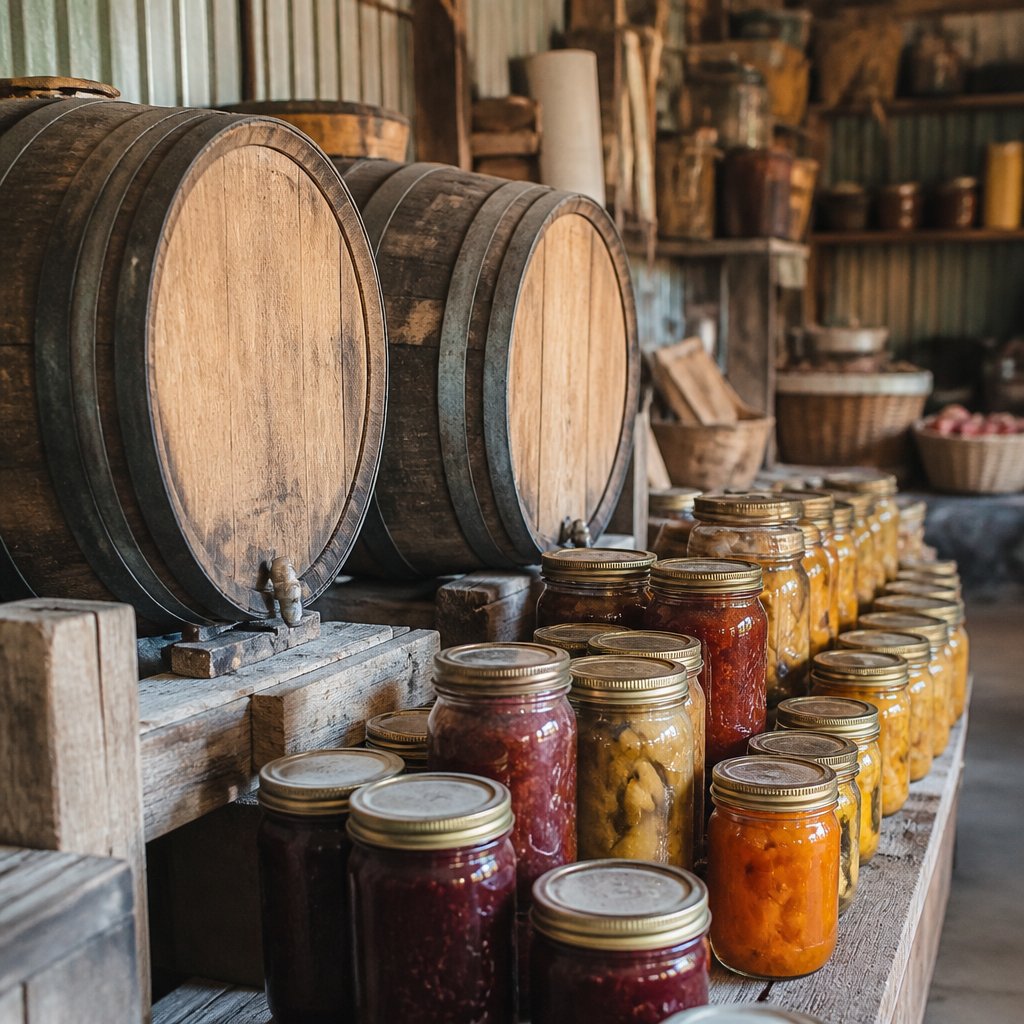 side-by-side kegs and preserves jars inside a large Stardew