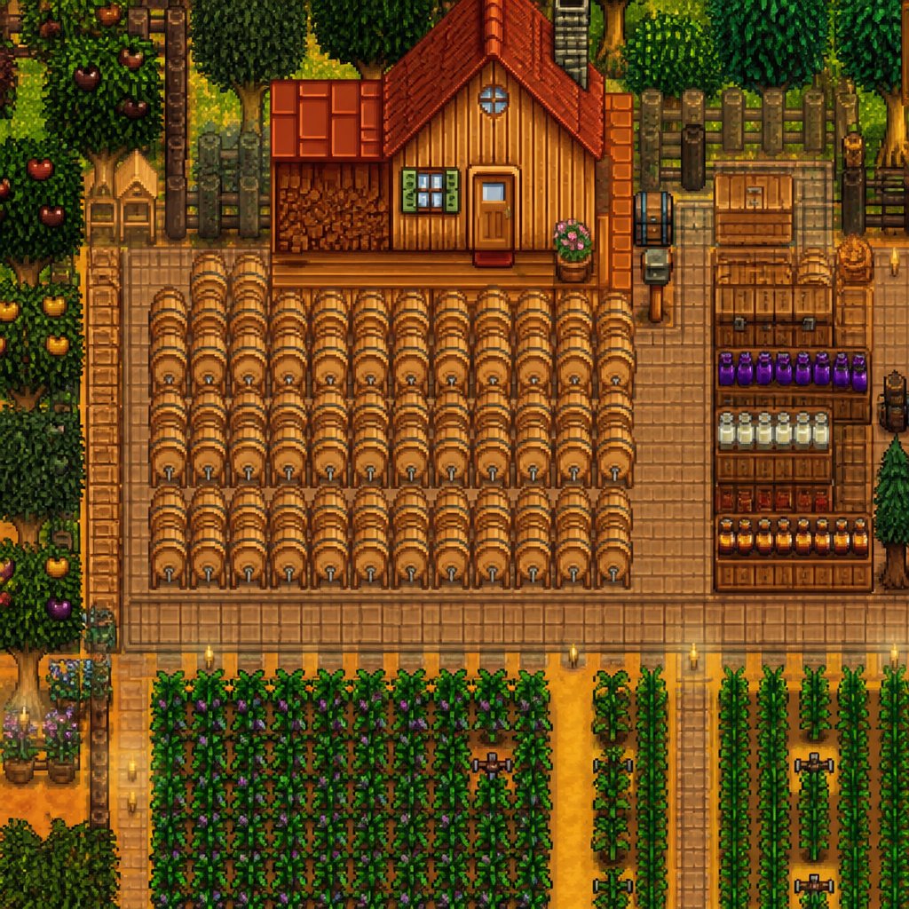 Stardew Valley farmhouse surrounded by 60 kegs processing wi