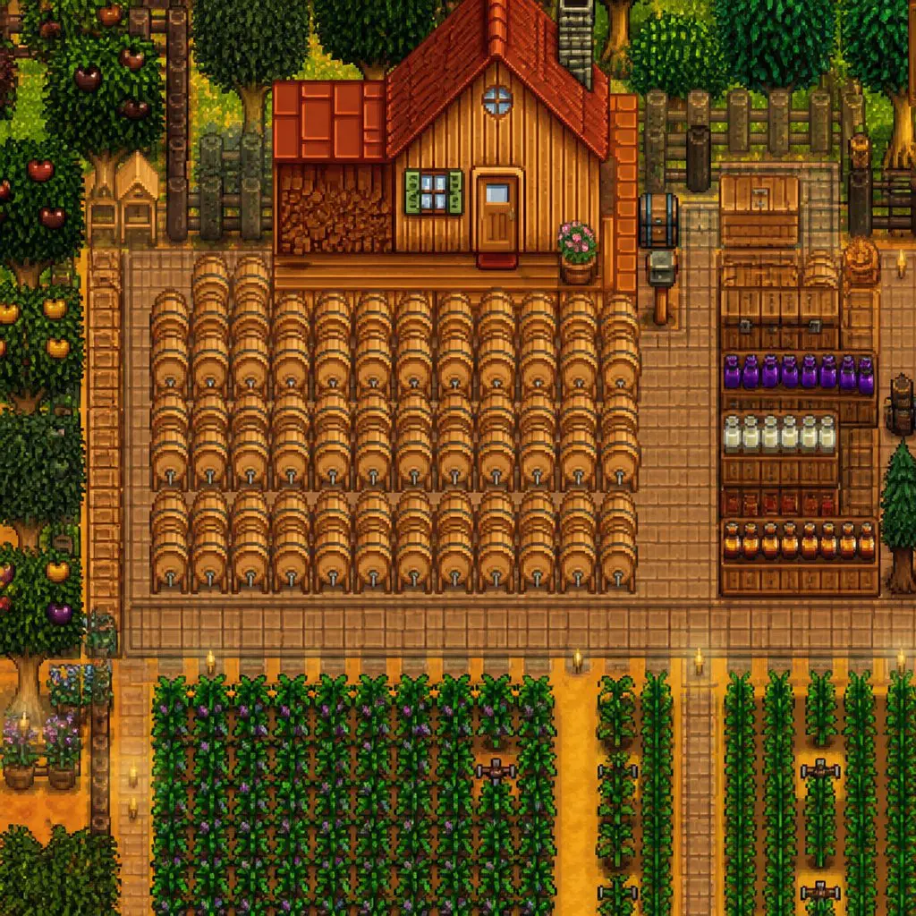 Stardew Valley farmhouse surrounded by 60 kegs processing wi