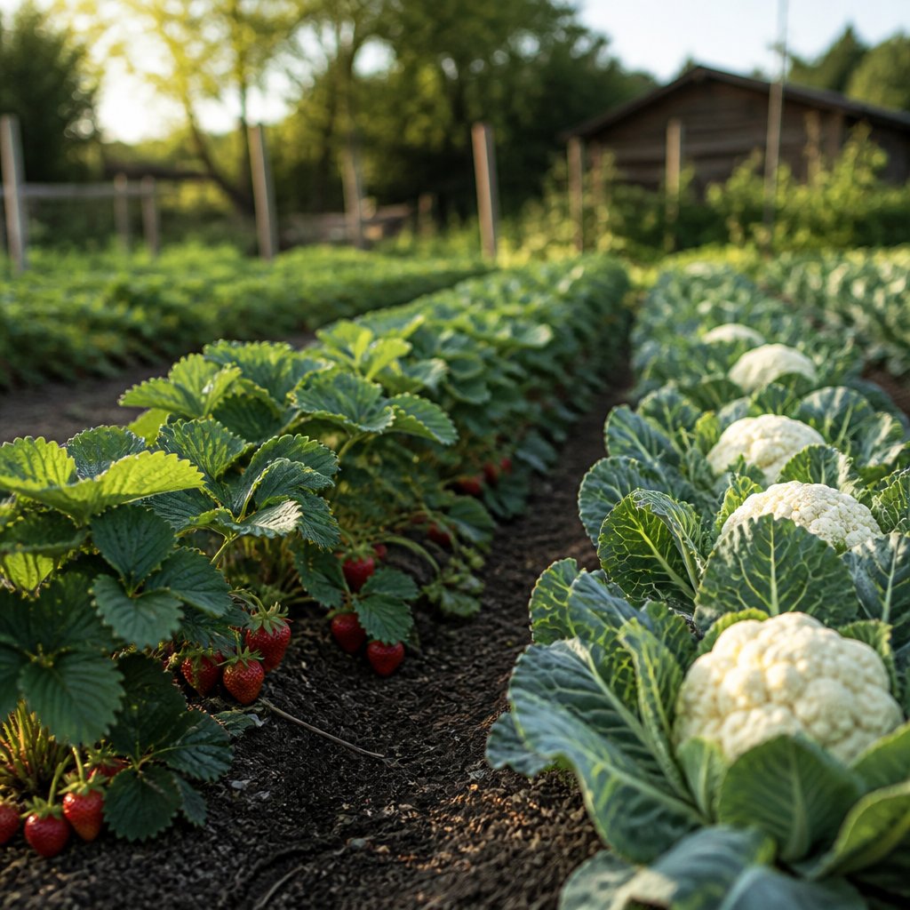 Stardew Valley farm in spring with rows of strawberries and