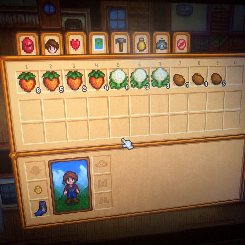 Stardew Valley inventory screen showing spring crops: strawb