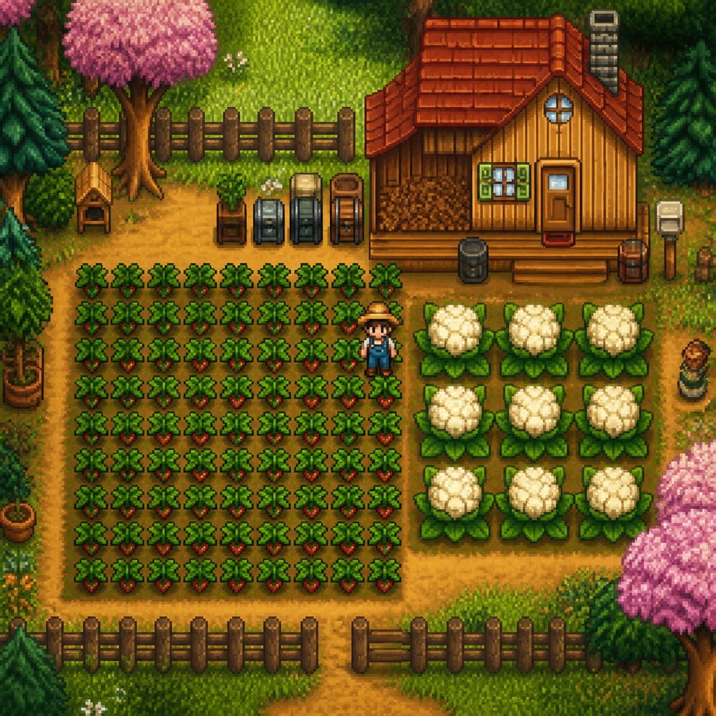 Stardew Valley farm showing a 6x8 strawberry grid alongside