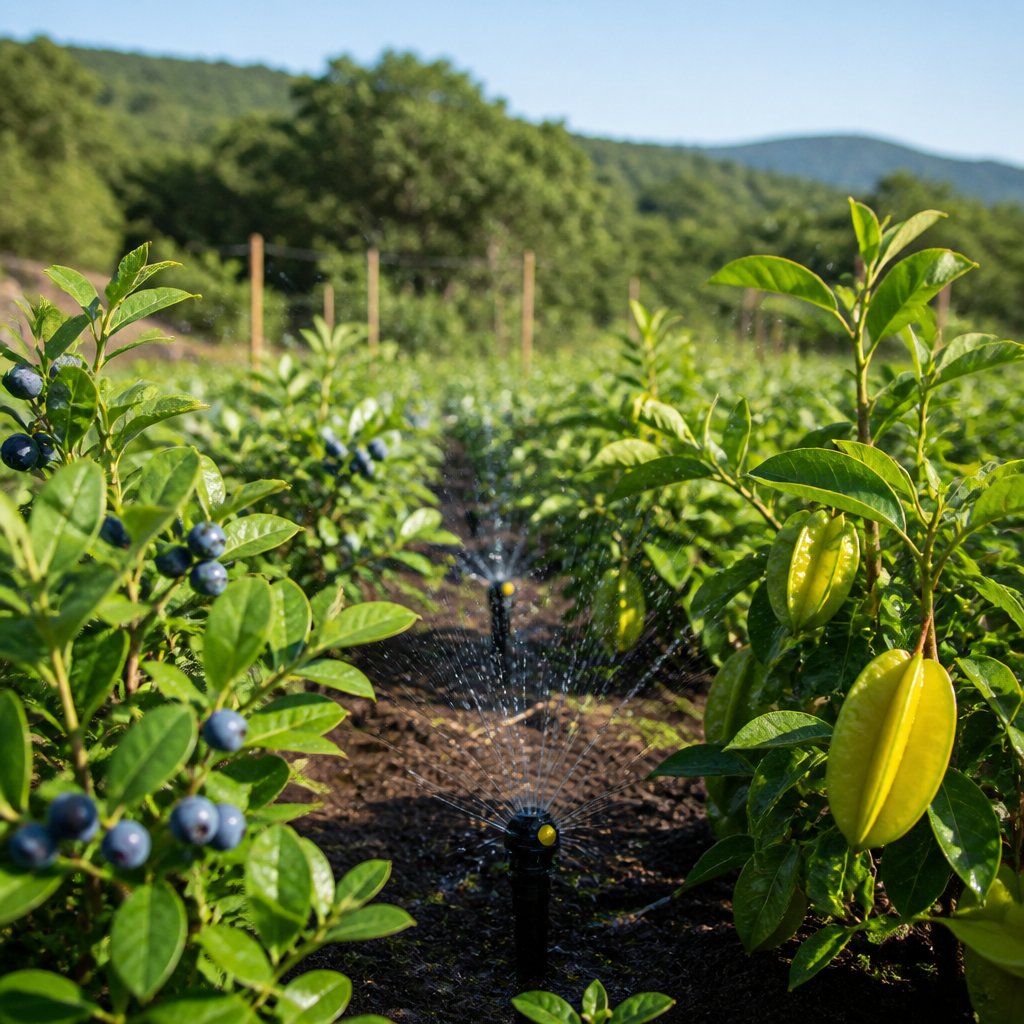 Stardew Valley farm in summer with blueberry bushes and star