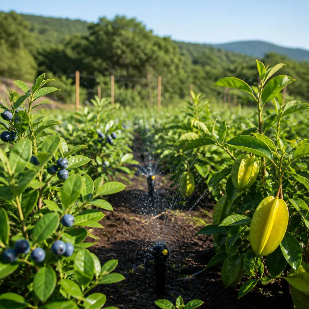 Stardew Valley farm in summer with blueberry bushes and star