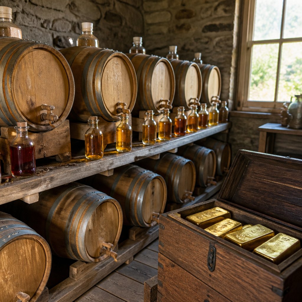 Stardew Valley keg room filled with Starfruit Wine processin