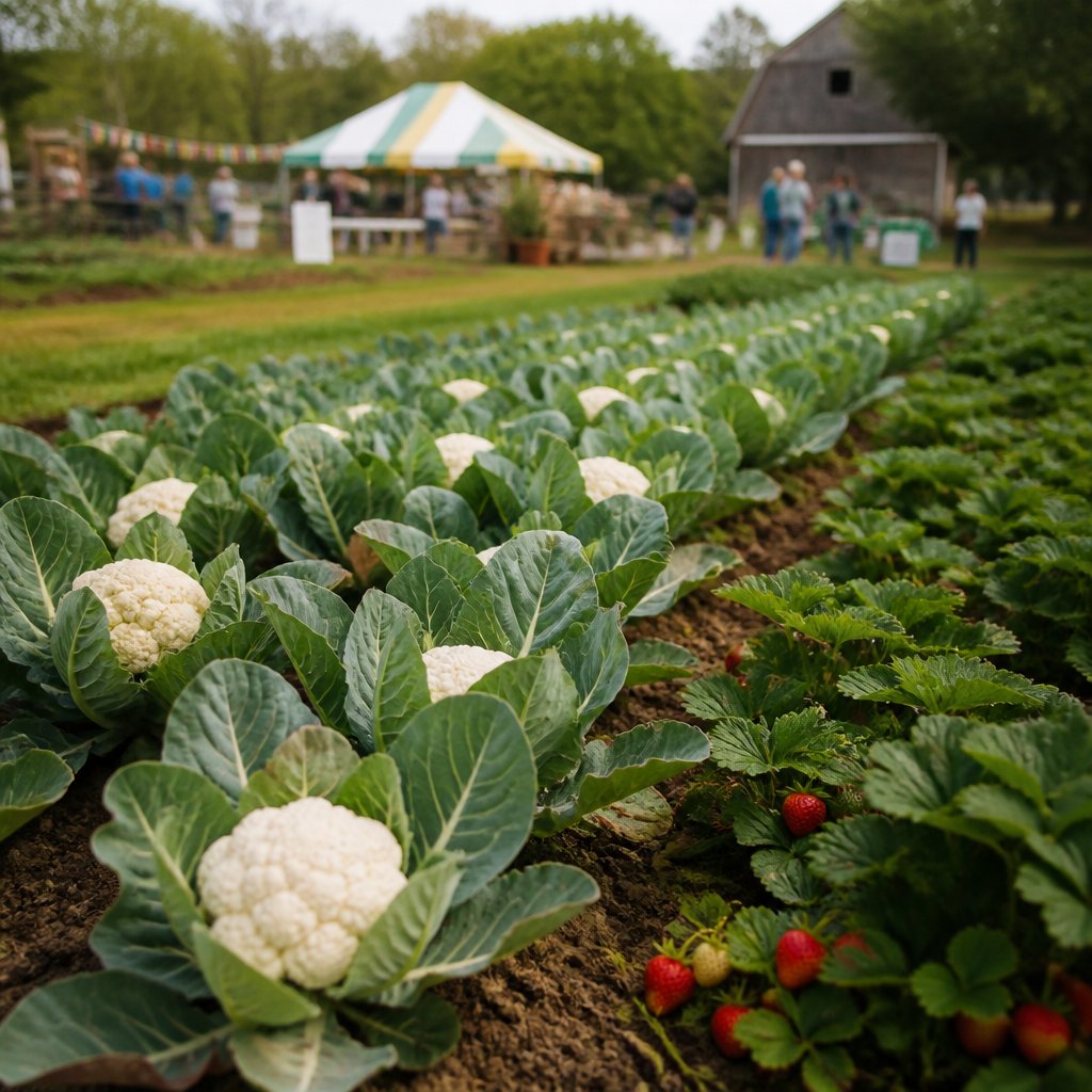 Stardew Valley Spring farm with rows of cauliflower and stra