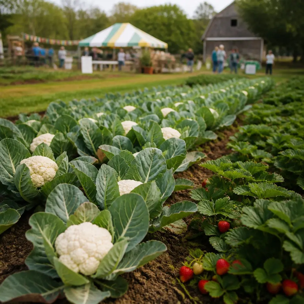 Stardew Valley Spring farm with rows of cauliflower and stra