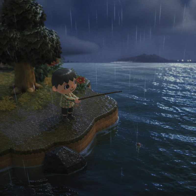 player character standing at clifftop river at night in Anim