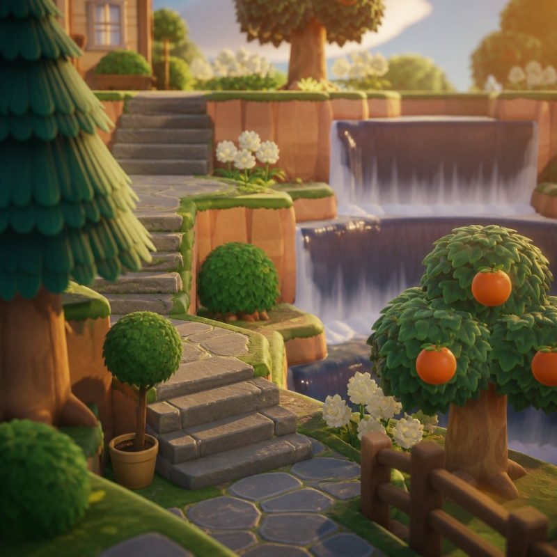 Animal Crossing New Horizons island with multi-level cliffs