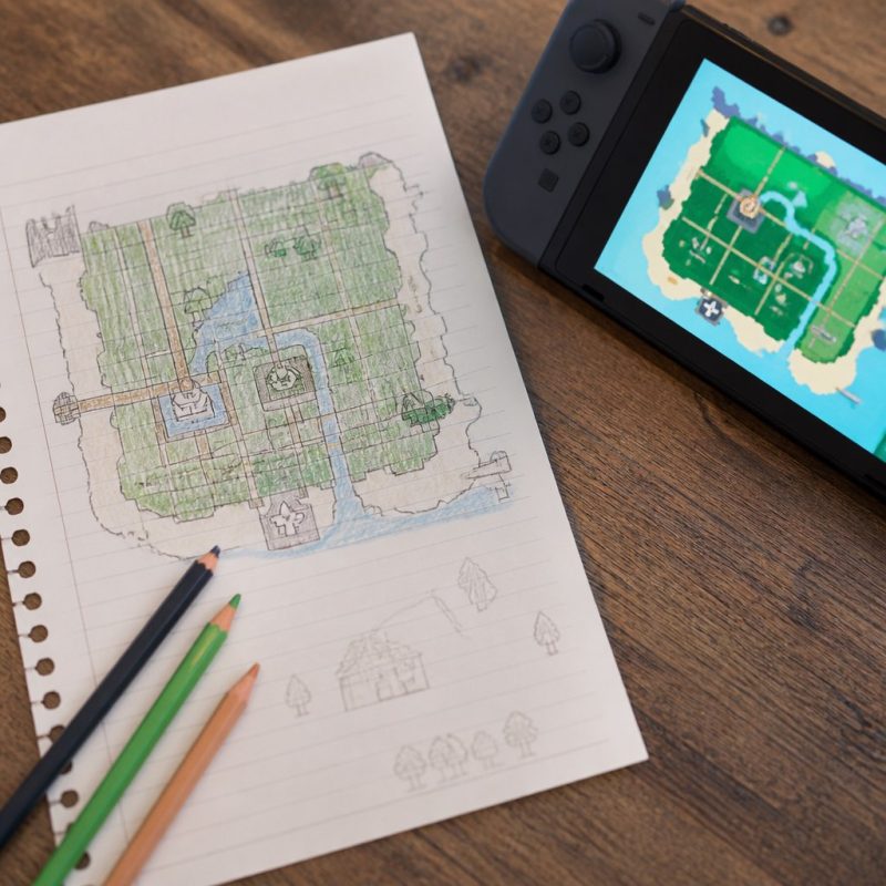 Top-down view of an Animal Crossing island grid plan sketche
