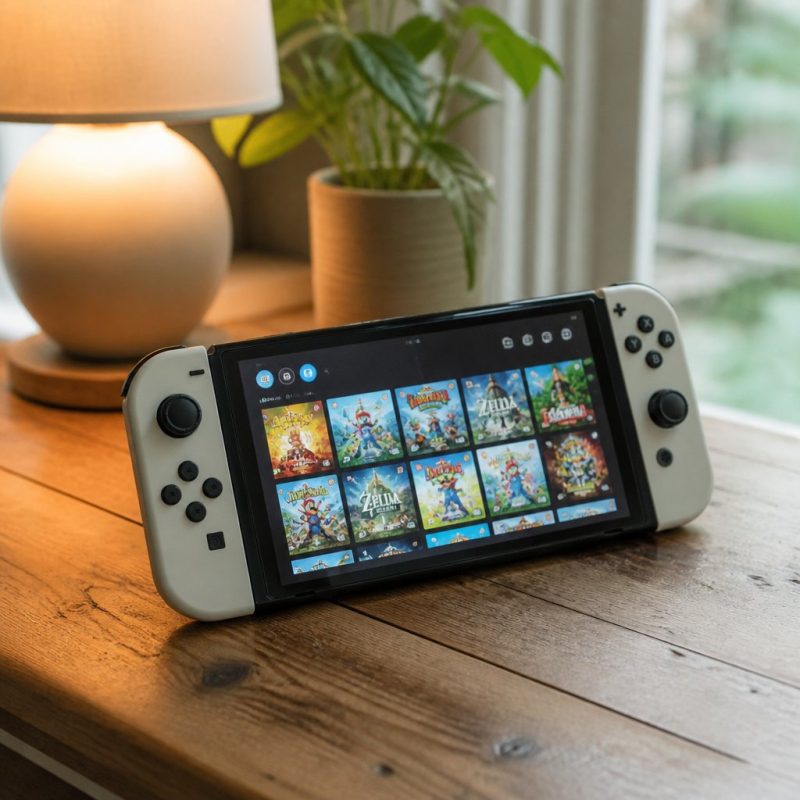 Nintendo Switch console resting on a wooden desk beside a wa