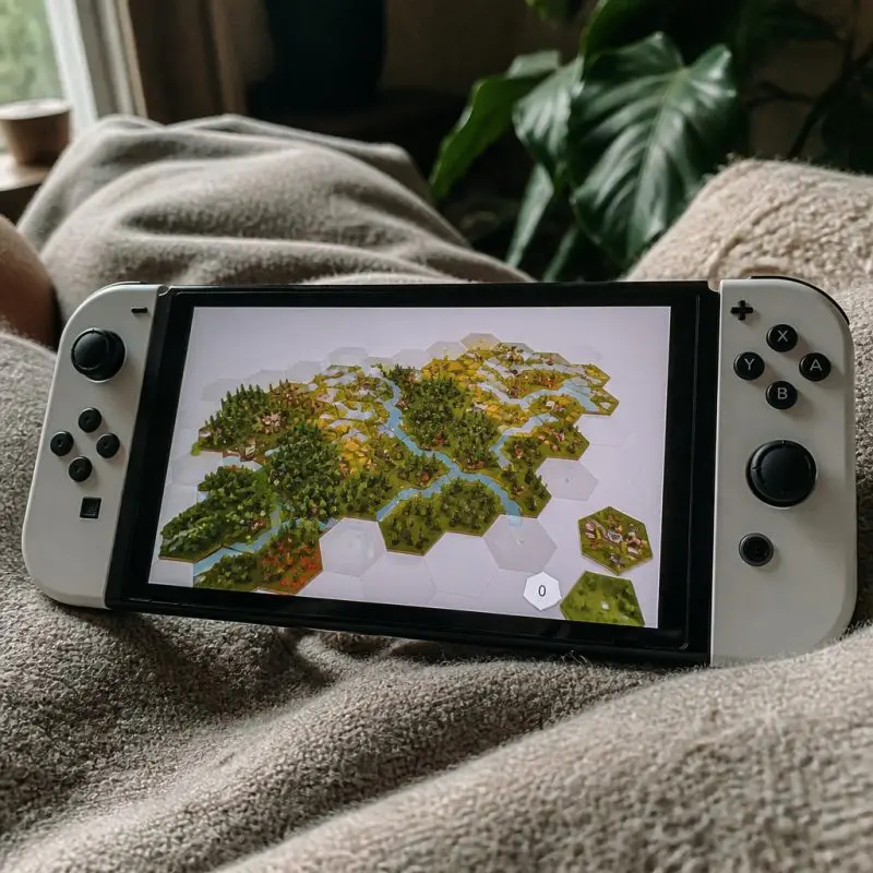 Dorfromantik tile-placement game showing a peaceful hexagona