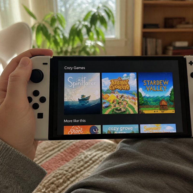 Nintendo Switch eShop showing cozy game category tiles inclu