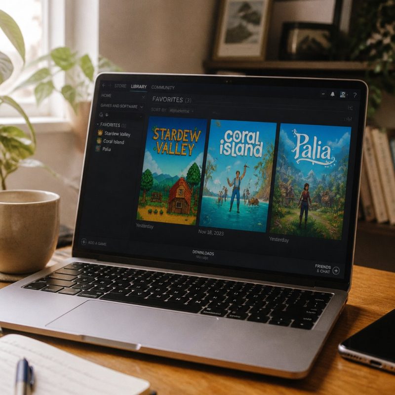 Steam library open on a cozy-lit desk showing Stardew Valley