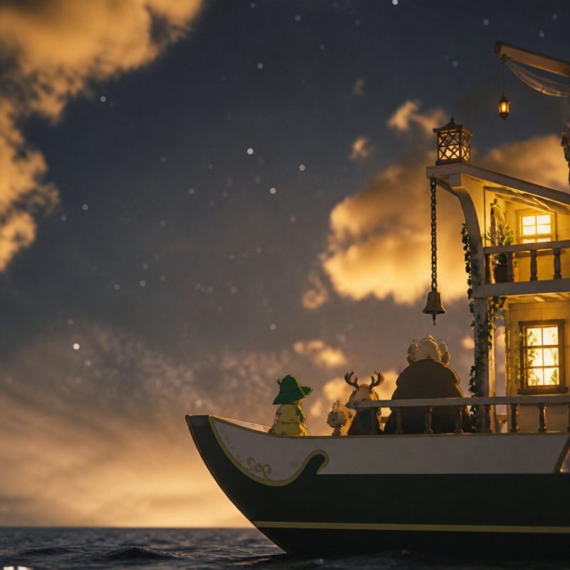 Spiritfarer boat sailing through glowing night sky with pass