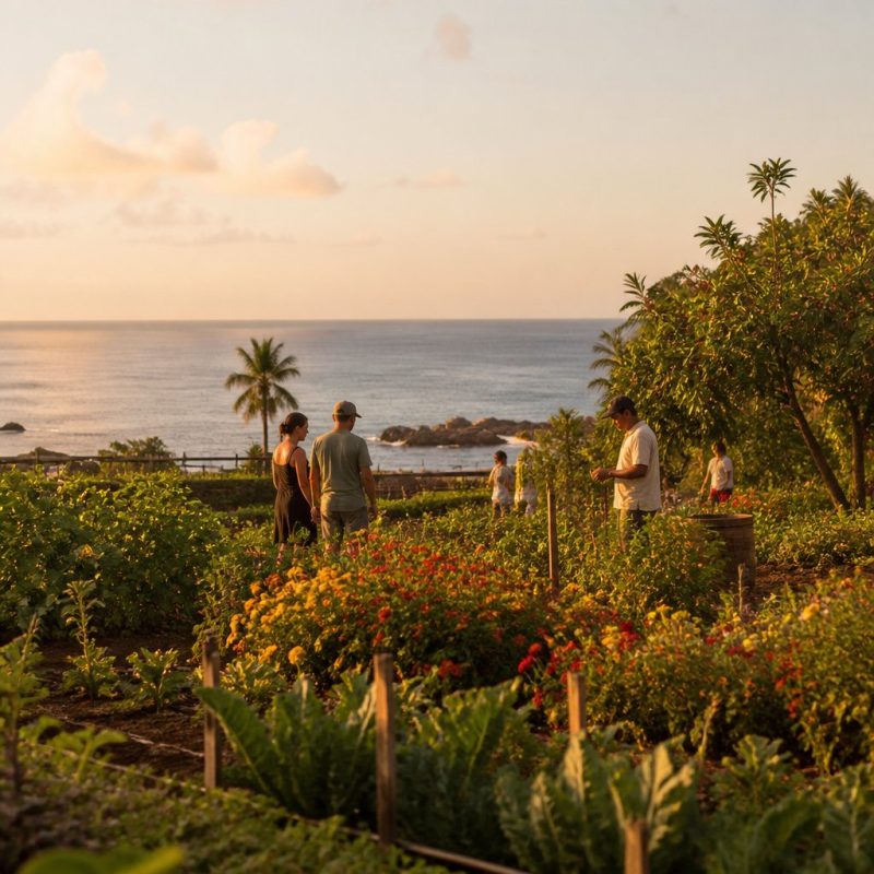 Coral Island farm at golden hour showing colorful crops
