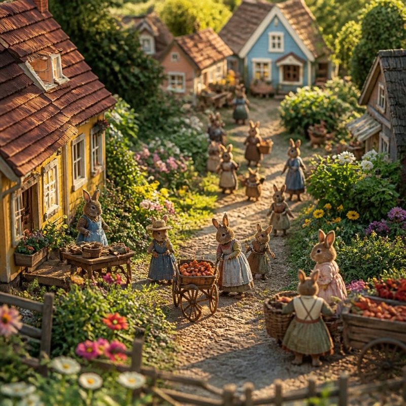 cozy top-down farm village with colorful houses