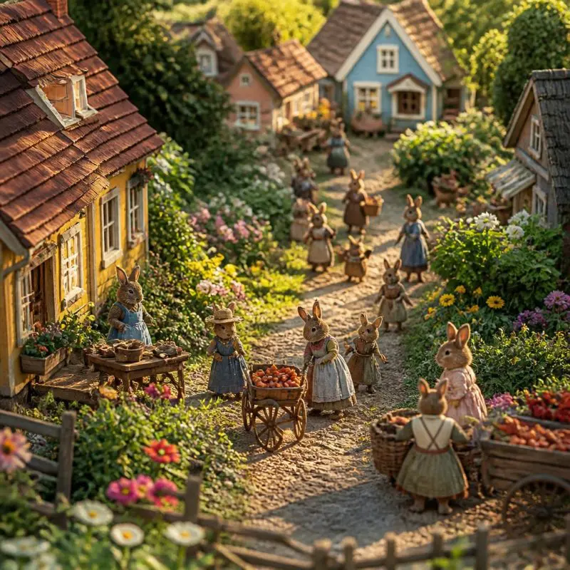 cozy top-down farm village with colorful houses