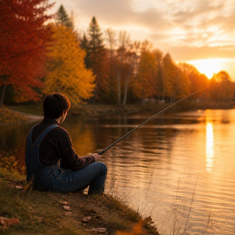 player character in Stardew Valley sitting by a river at sun