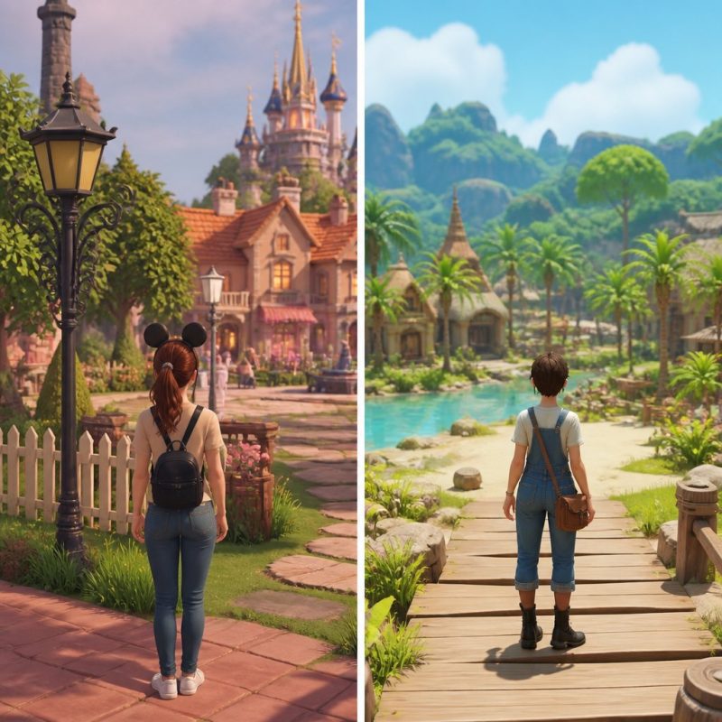 side-by-side comparison of Disney Dreamlight Valley and Cora