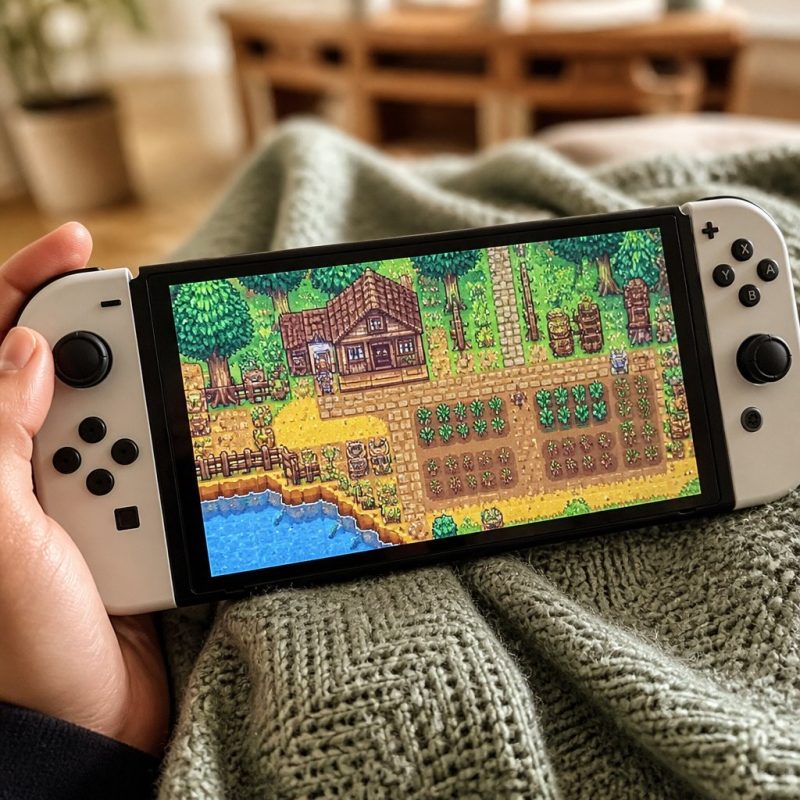Nintendo Switch handheld showing a cozy farming game with a