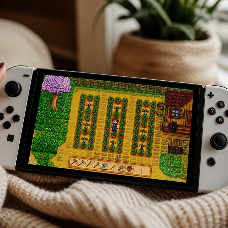 Nintendo Switch handheld displaying Stardew Valley farm at s