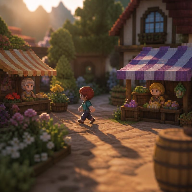Fields of Mistria pixel art town square in golden hour light