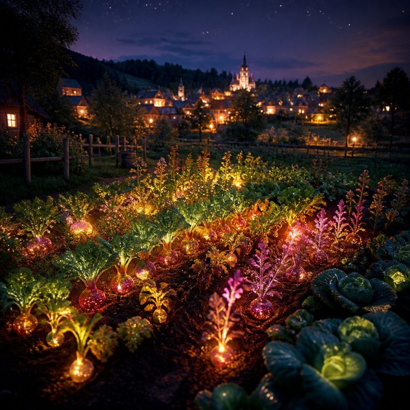 Sun Haven farm at night with glowing magic crops