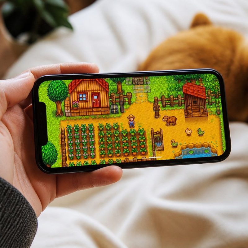 phone screen showing Stardew Valley farm with crops and anim