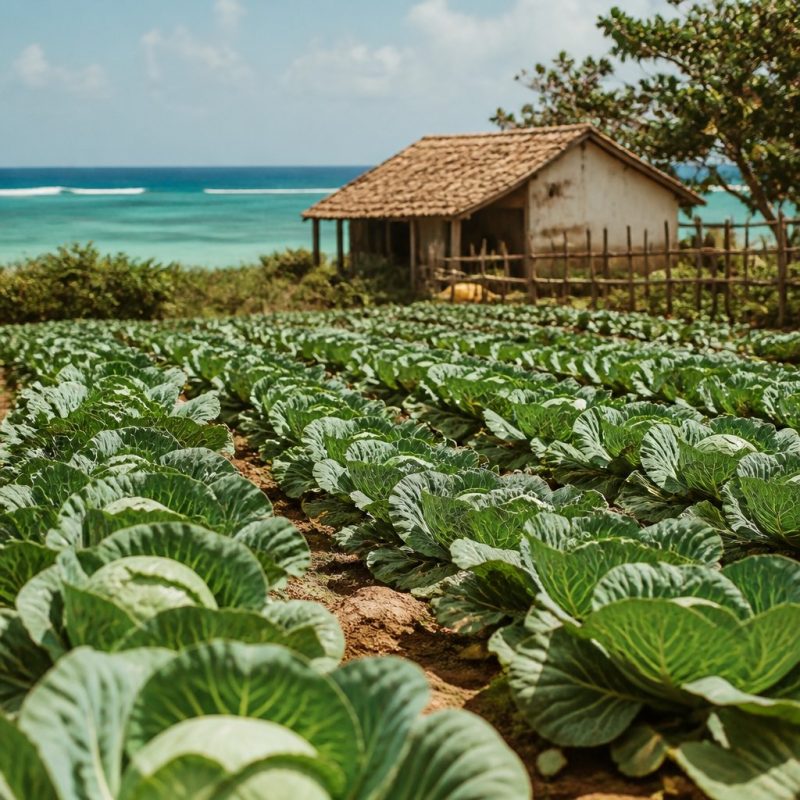 sunlit Coral Island farm with Cabbage rows