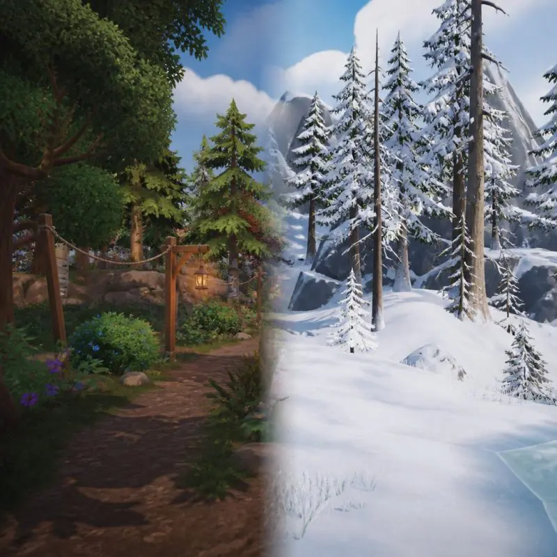 Side-by-side biome view of Dreamlight Valley showing the lus